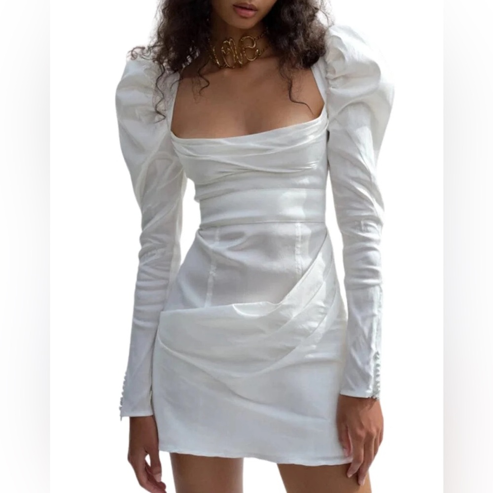 For Love And Lemons White Satin Puff Sleeve Dress